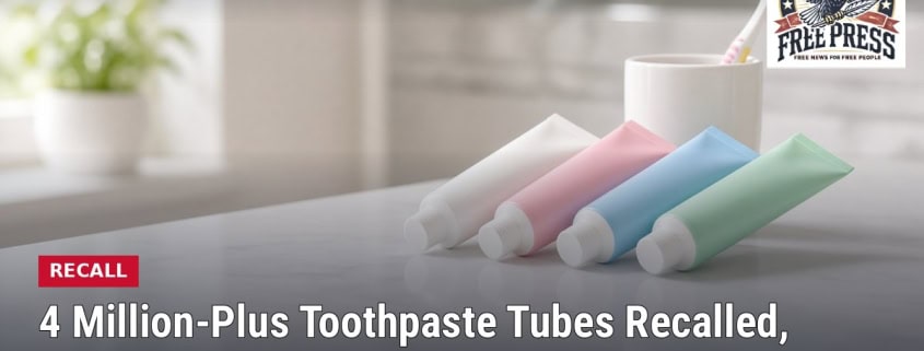 Fostoria News Four toothpaste tubes in different colors on a bathroom counter with Fostoria Free Press logo.